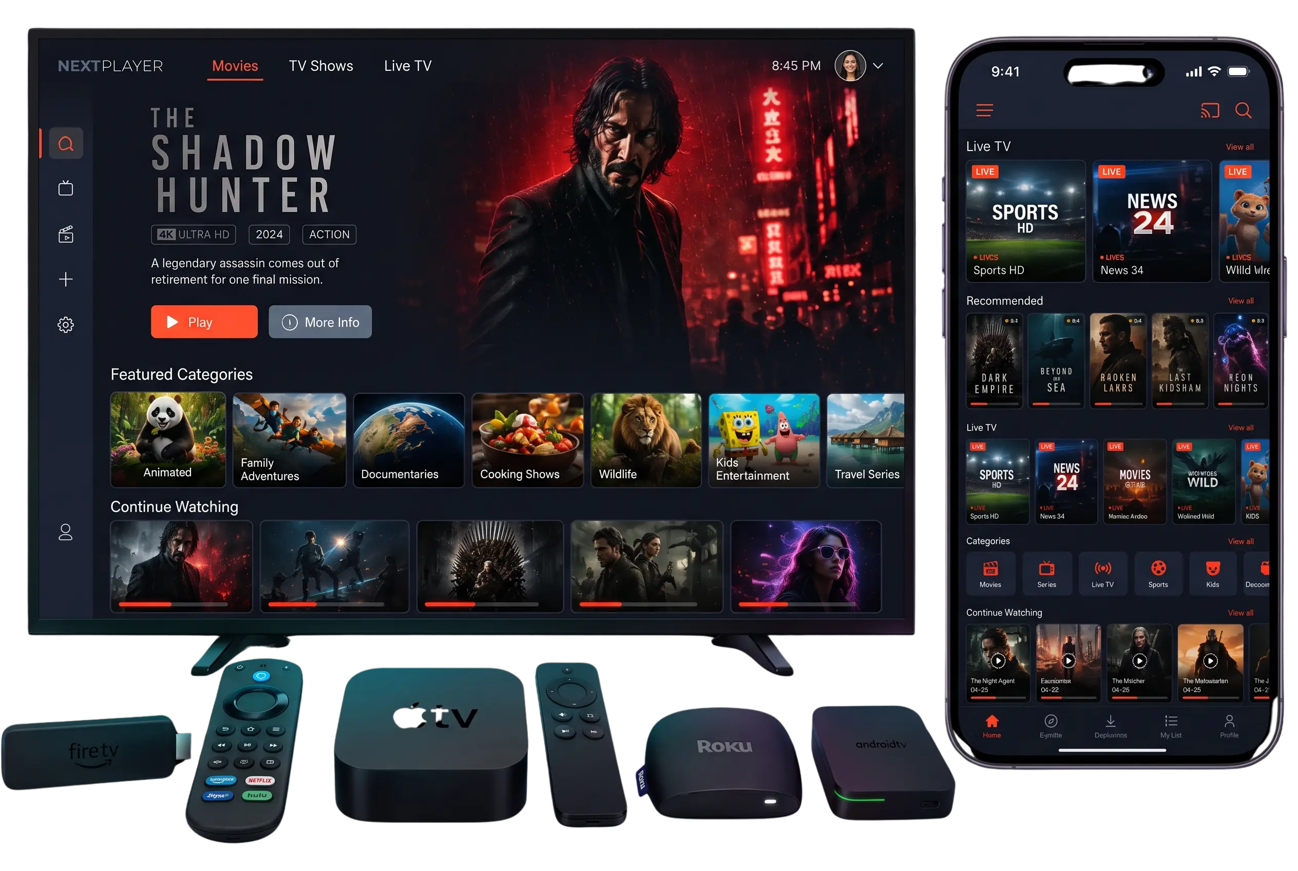 Reflexsat IPTV IPTV service on a Smart TV, smartphone, Firestick and streaming boxes, showing movies, series and live TV